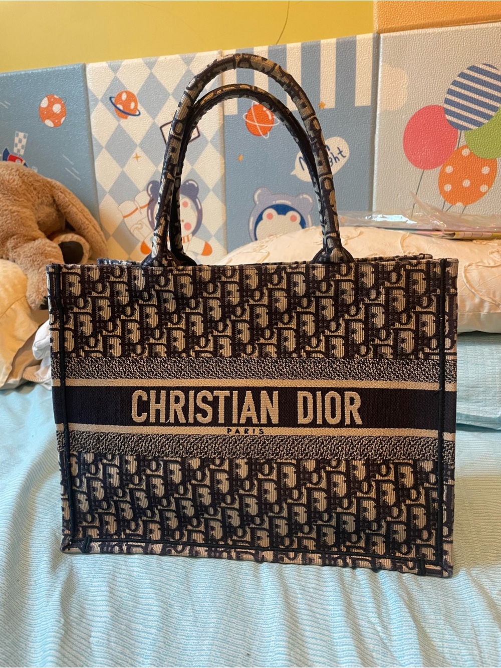 Dior Oblique Canvas Book Tote in Navy and Beige Medium